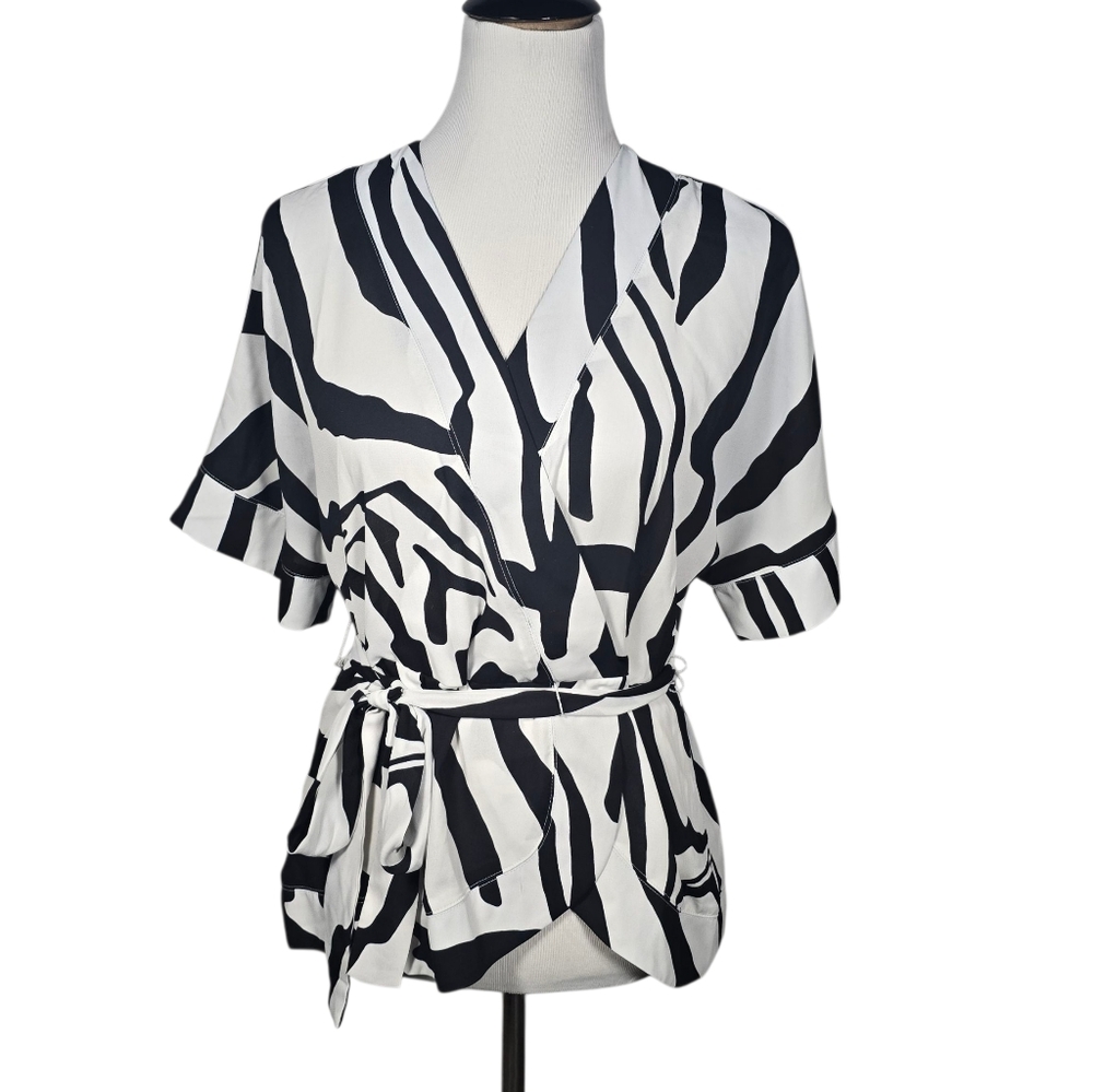 Worthington Small Zebra Print Pullover Belted Blouse